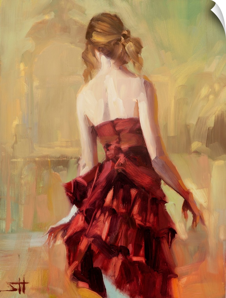 Traditional impressionist painting of a young woman in a rust or copper colored dress, standing gracefully like a dancer. ...