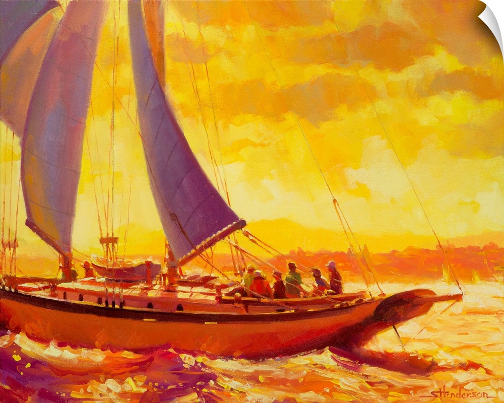 Traditional representational painting of a sailboat full of friends, gliding through golden, glistening water reflecting t...