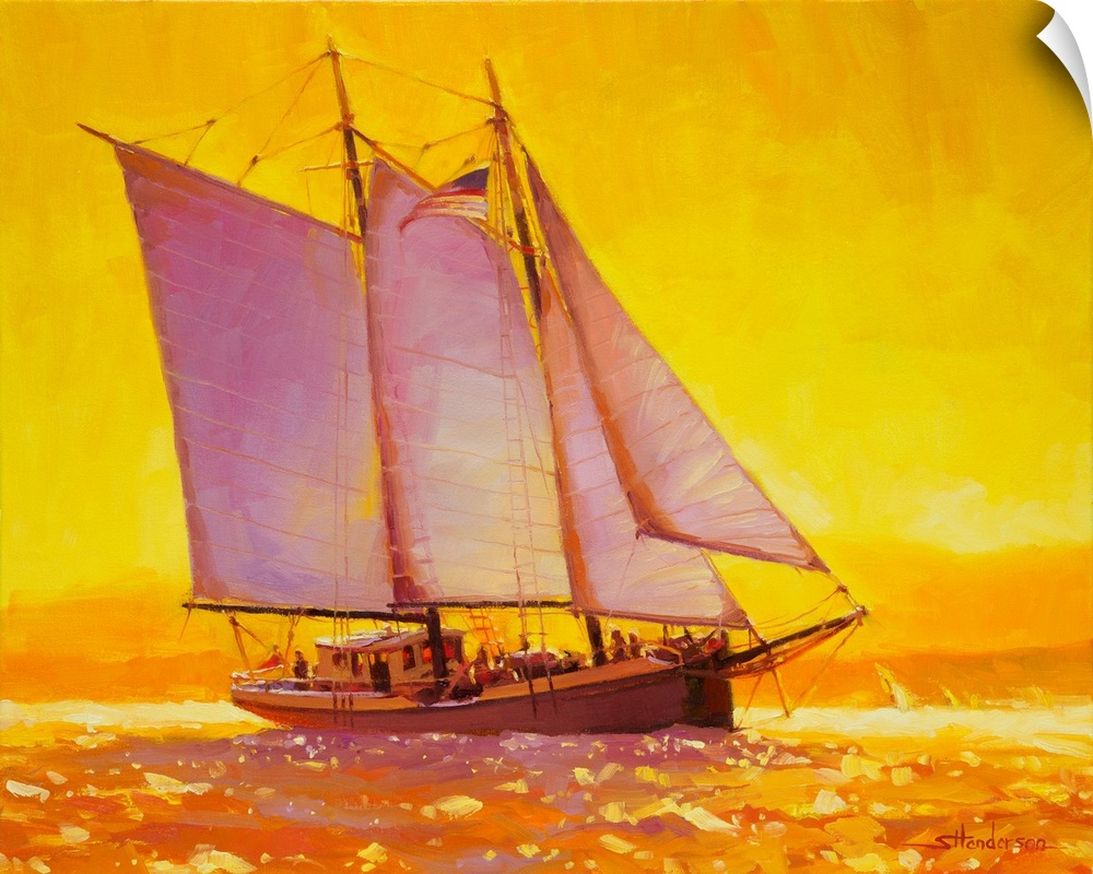 Traditional representational painting of a sailboat gliding through golden, glistening water reflecting the light of the s...