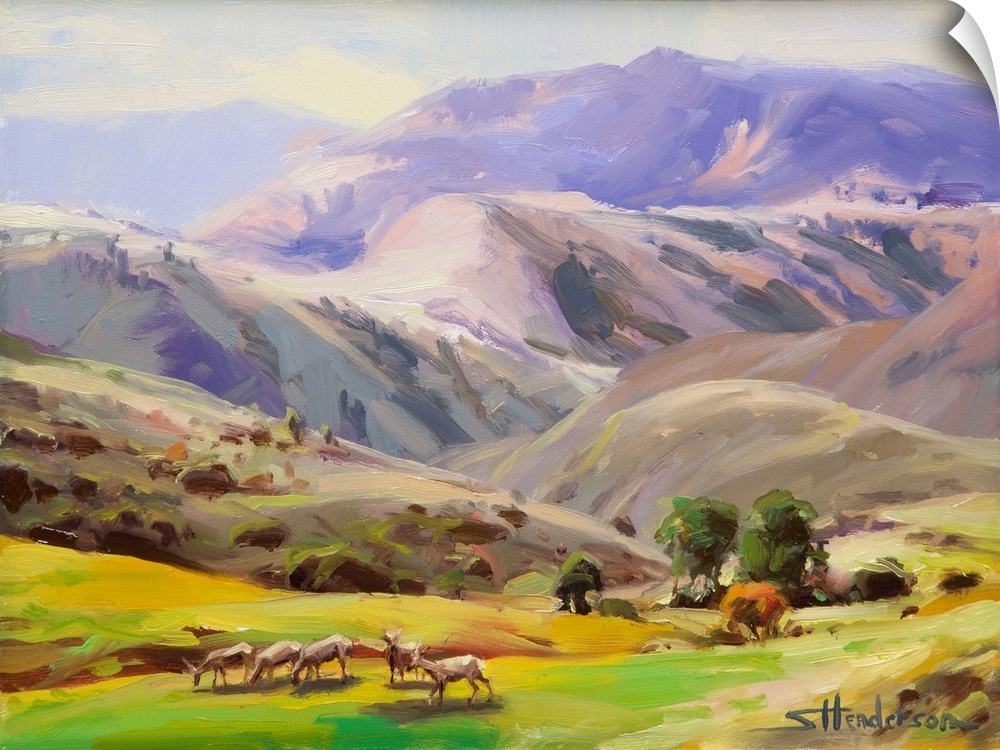 Traditional impressionist landscape painting of a herd of wild deer grazing on the grass in the Idaho mountain wilderness.