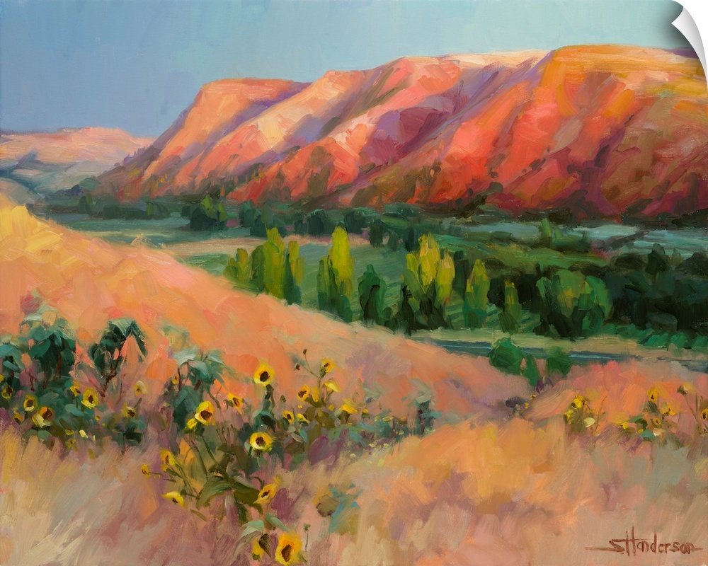 Traditional impressionist landscape painting of wild sunflowers overlooking the twilight lit hills of a country landscape.