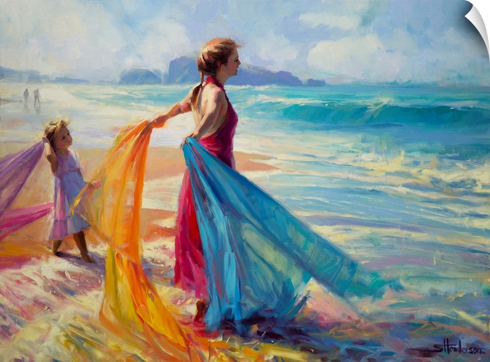 Traditional impressionist painting of a mother and child standing in the ocean surf at the beach, waving colorful fabric