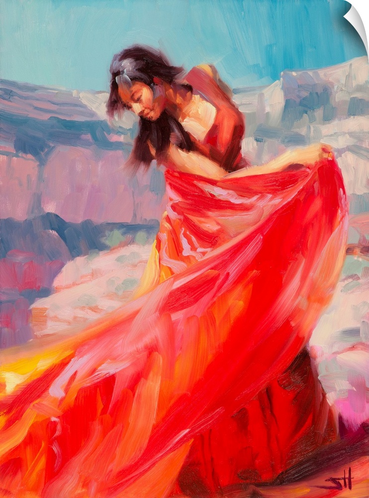 Traditional impressionist painting of an indigenous, Native American woman dancing in the desert. Vibrant red fabric swirl...
