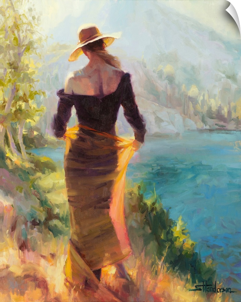 Traditional impressionist painting of an elegant woman standing alongside an alpine wilderness lake, high in the mountains