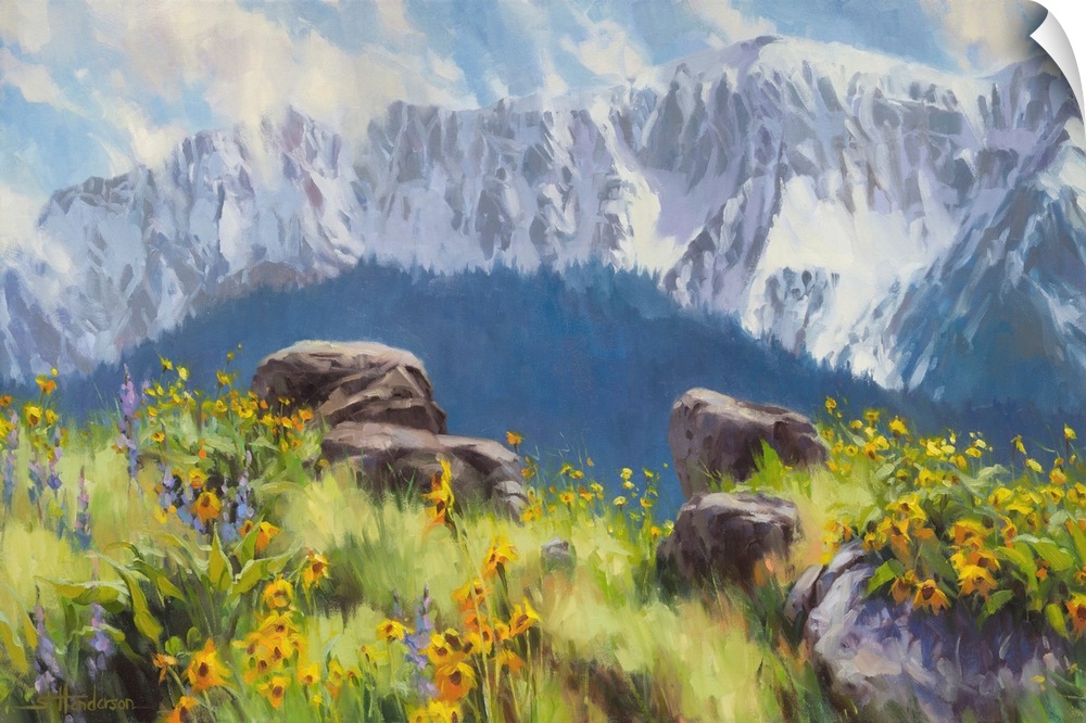 Traditional representational landscape painting of snow-capped mountains and a sunlit meadow of wildflowers