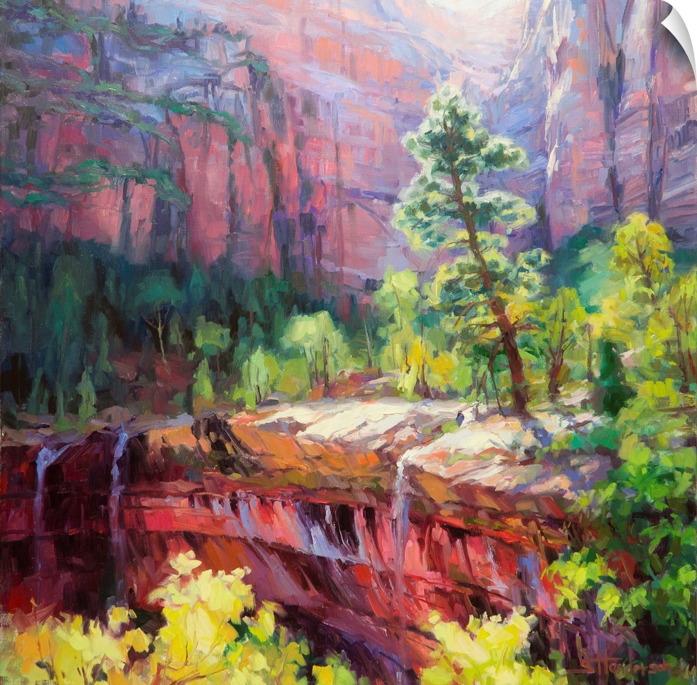 Traditional impressionist painting of the Emerald Pools at Zion National Park, at twilight just as the sun is setting and ...