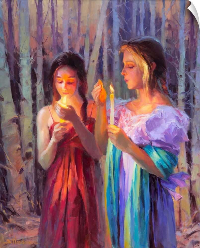 Traditional representational painting of two women holding candles in the midst of a twilight, dusk and sunset forest