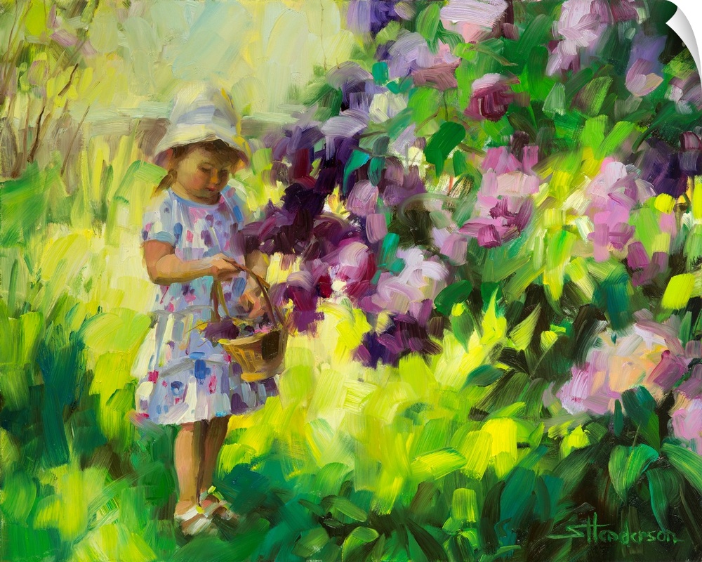 Traditional representational painting of a toddler girl in a green country field, picking lilacs and placing them in a bas...