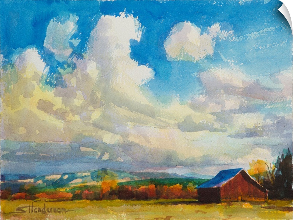 Traditional impressionist watercolor painting of a lone barn out in the middle of a country ranch on a windy, stormy day n...