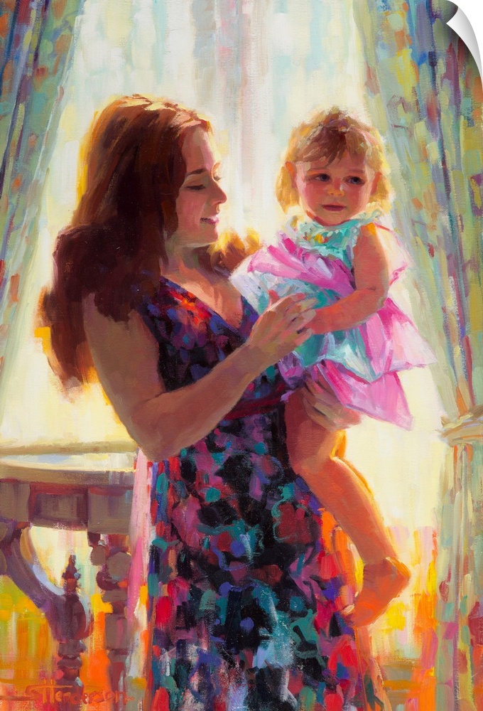 Traditional representational painting of a mother holding her toddler daughter, inside a nostalgic old home sitting room
