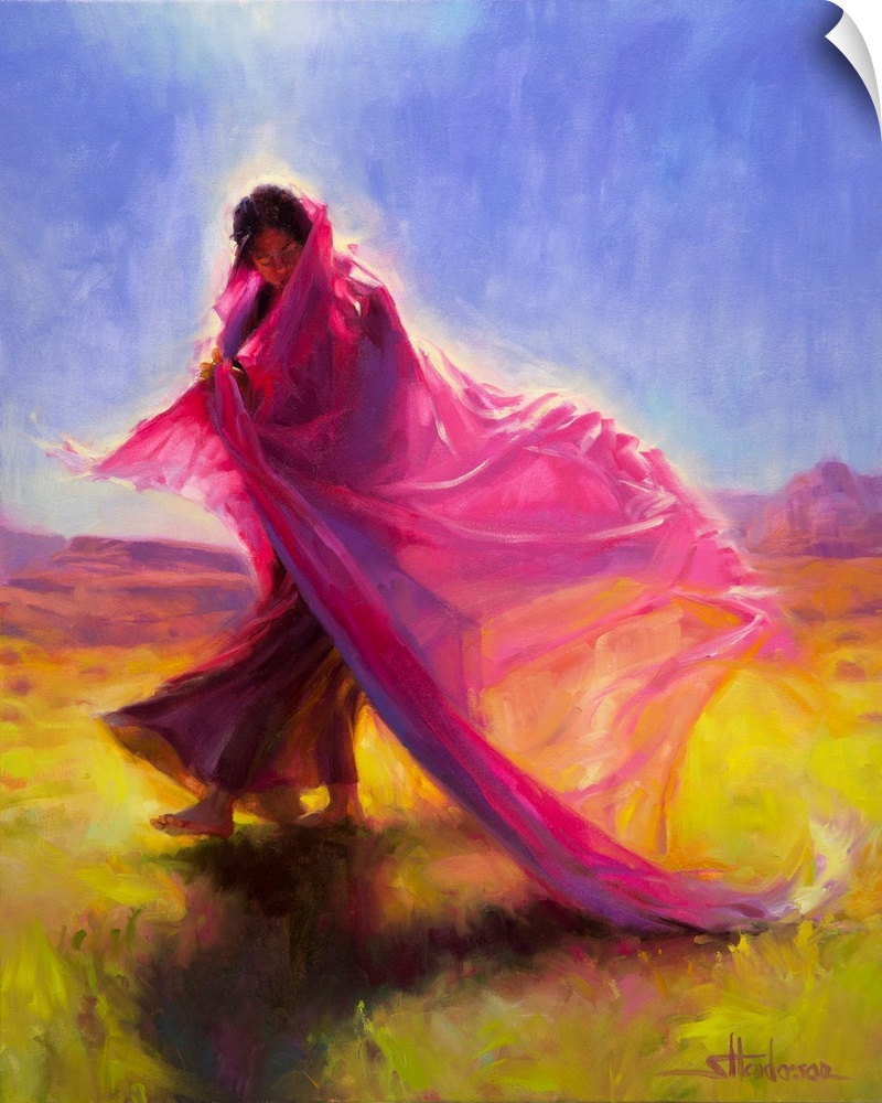 Traditional impressionist painting of an indigenous, Native American woman dancing in the desert, with flowing, colorful f...