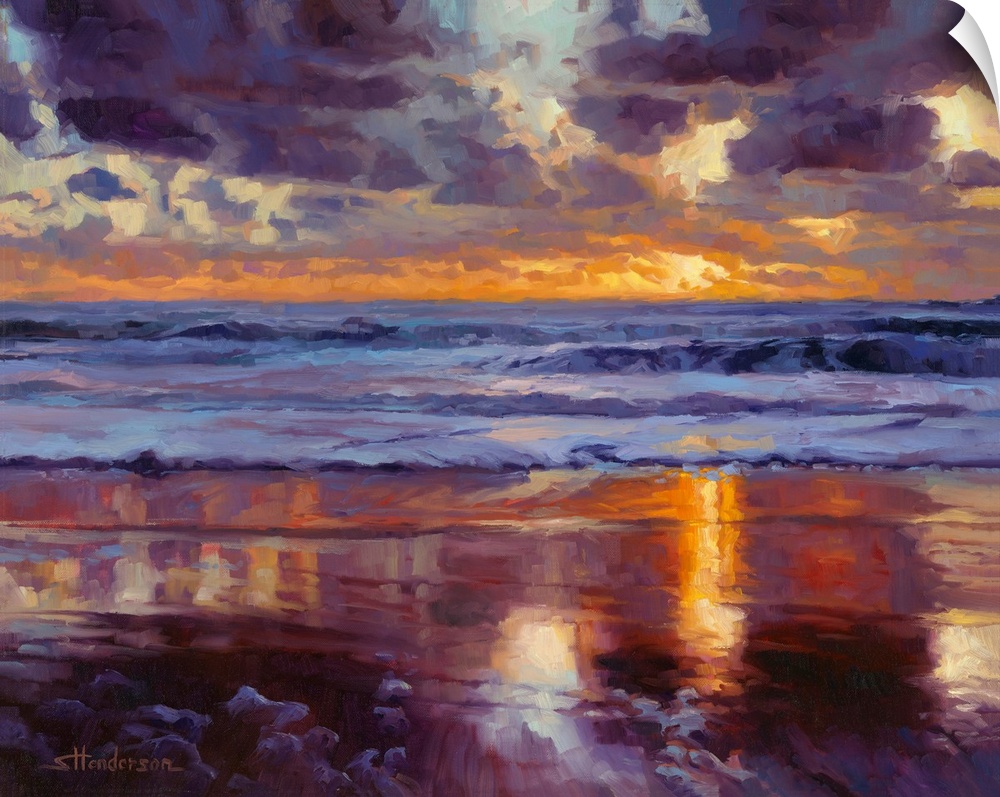 Traditional impressionist painting of a beach at sunset, showing sand, water, and sky in varying shades of purple