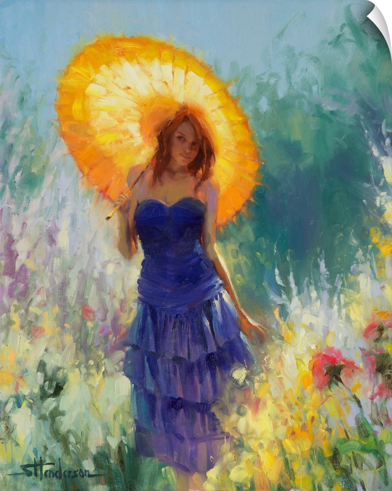 Traditional impressionist painting of a young, redheaded woman strolling through a country garden of spring flowers. She i...