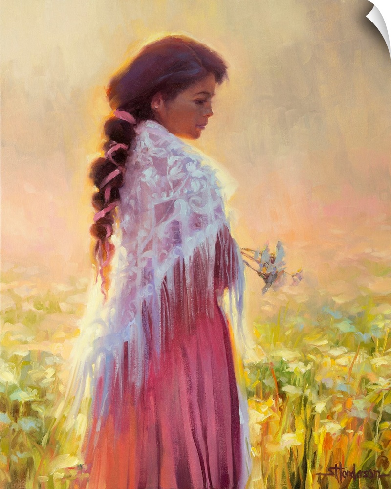Traditional impressionist painting of a young woman standing in a country field of flowers in the morning. She is wearing ...