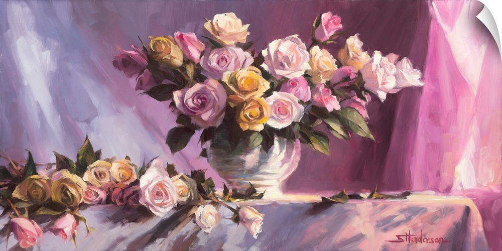 Traditional impressionist still life painting of a bouquet of colorful roses in a vase atop a table covered with fabric.