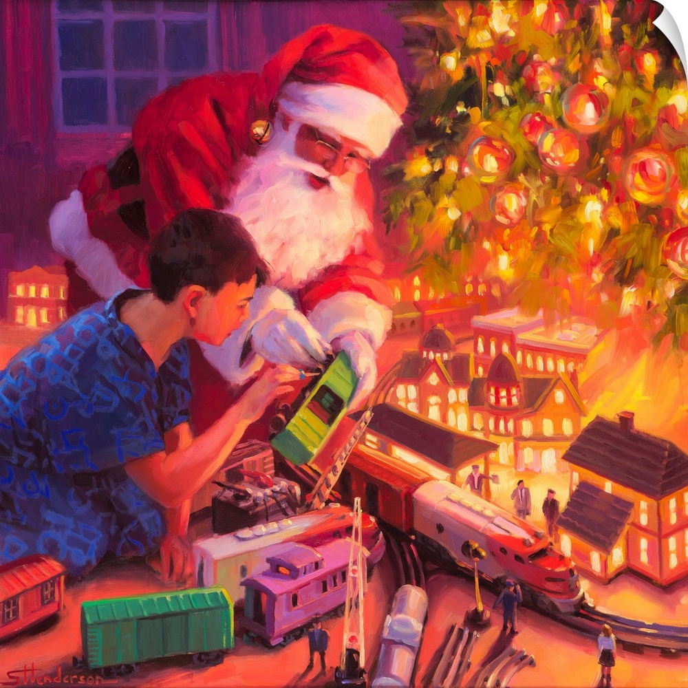 Traditional representational holiday Christmas painting of Santa Claus in his North Pole study, looking at a world globe b...