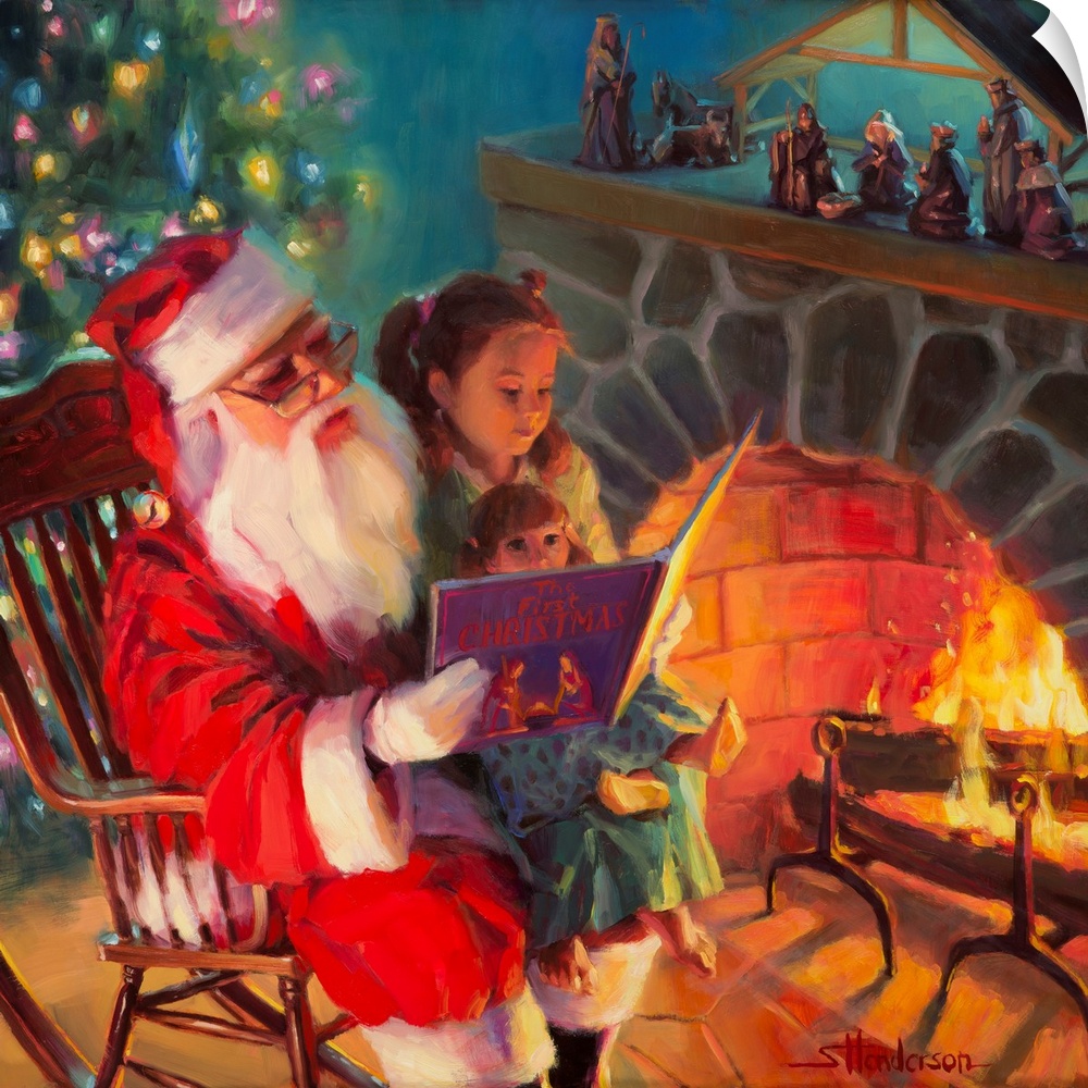 Traditional representational holiday Christmas painting of Santa sitting in a rocking chair, eating a cookie, and reading ...