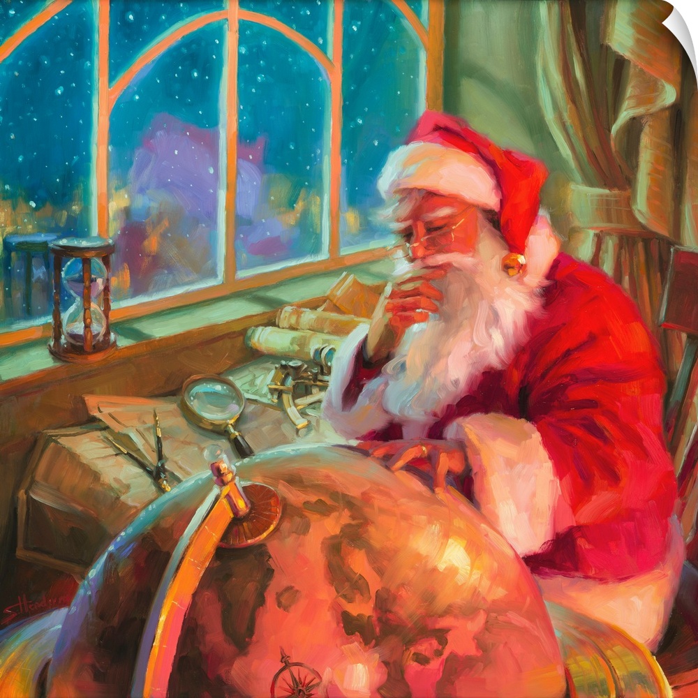 Traditional representational holiday Christmas painting of Santa in his workshop, holding up a magnifying glass to look at...