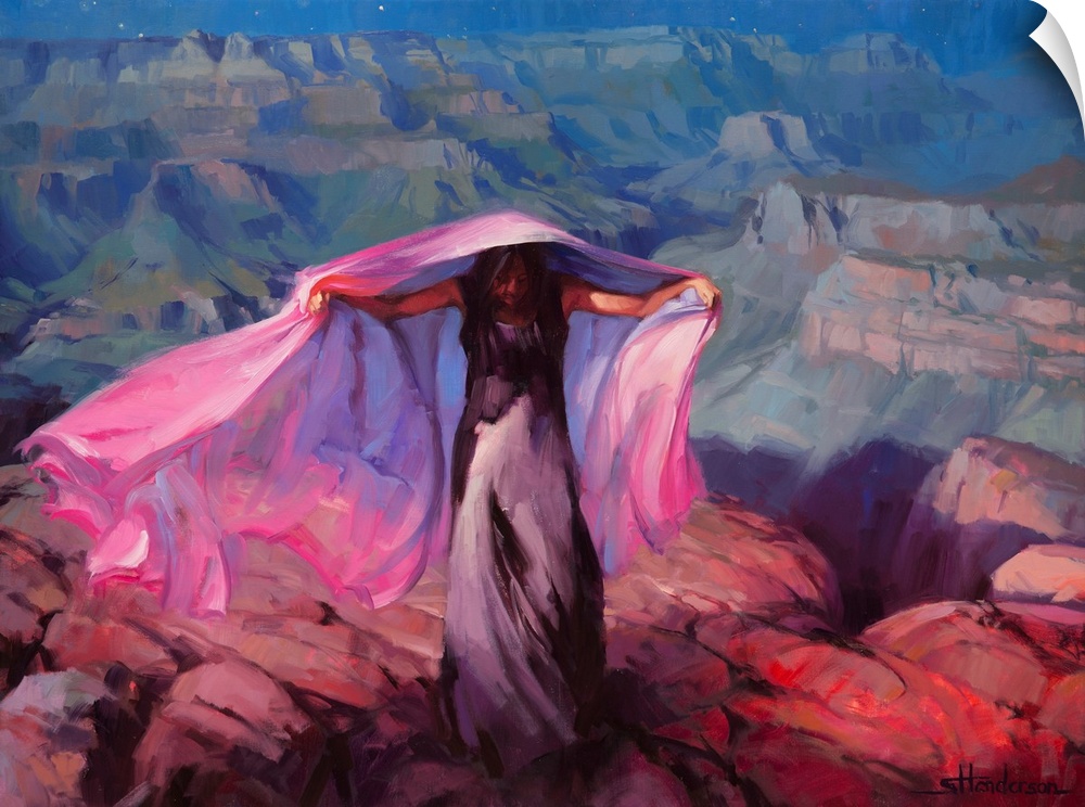 Traditional impressionist landscape of an indigenous woman wrapped in purple cloth, head bowed and arms outstretched, at t...