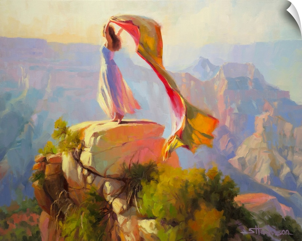 Traditional impressionist painting of faerie sprite standing on rock in Grand Canyon, arms raised and fabric flowing above