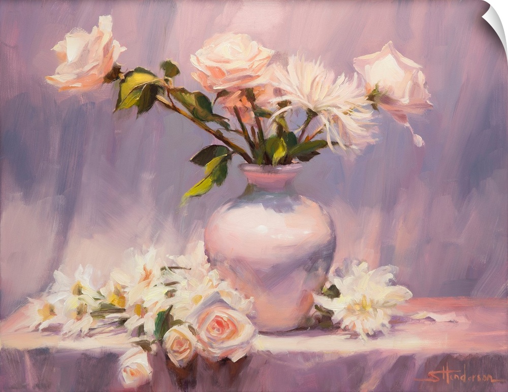 Traditional impressionist still life painting of a country vase of flowers with a shabby chic air.