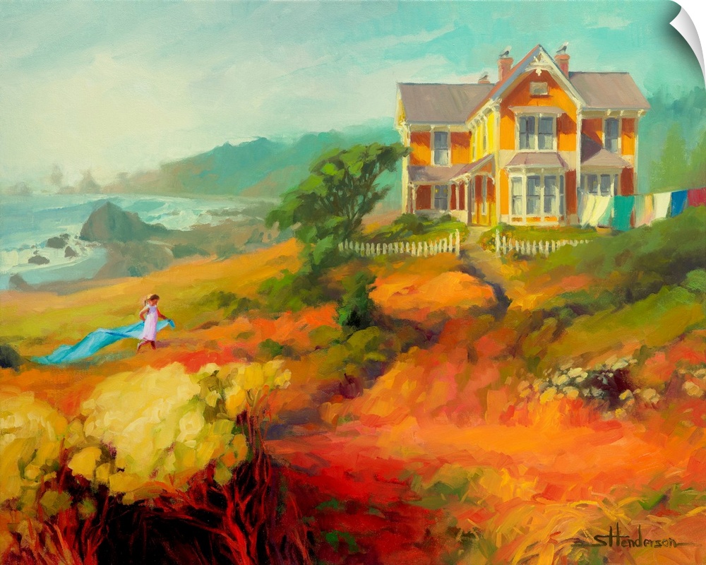 Traditional impressionist painting of a young child running and playing in front of her Victorian house at the seashore