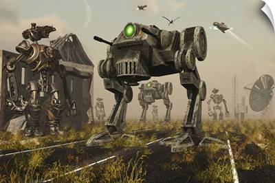A 3D conceptual image where man uses machines on the battlefield