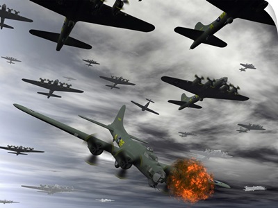 A B-17 Flying Fortress is set ablaze by a German Interceptor Fighter Plane