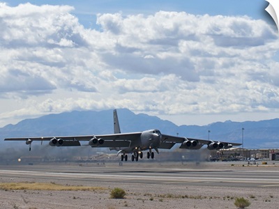 A B-52 Stratofortress takes off from Nellis Air Force Base
