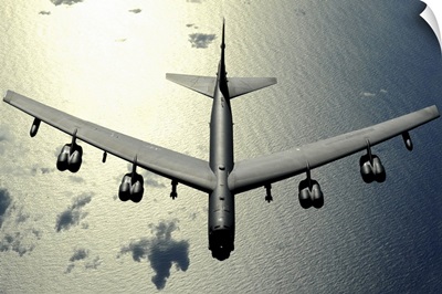A B52 Stratofortress in flight over the Pacific Ocean