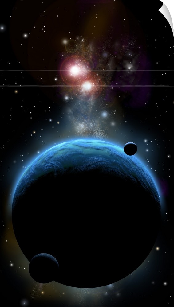 Artist's depiction of a blue planet and it's orbiting small moons.