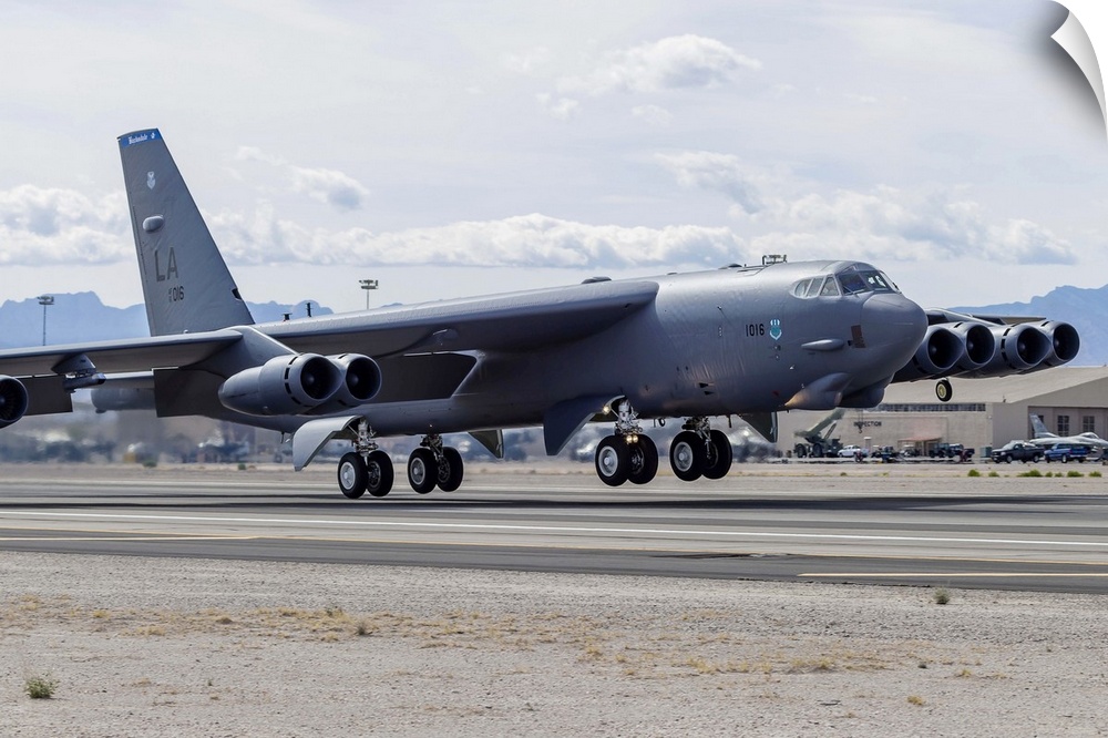 A Boeing B-52 Stratofortress of the U.S. Air Force gets airborne from Nellis Air Force Base, Nevada.