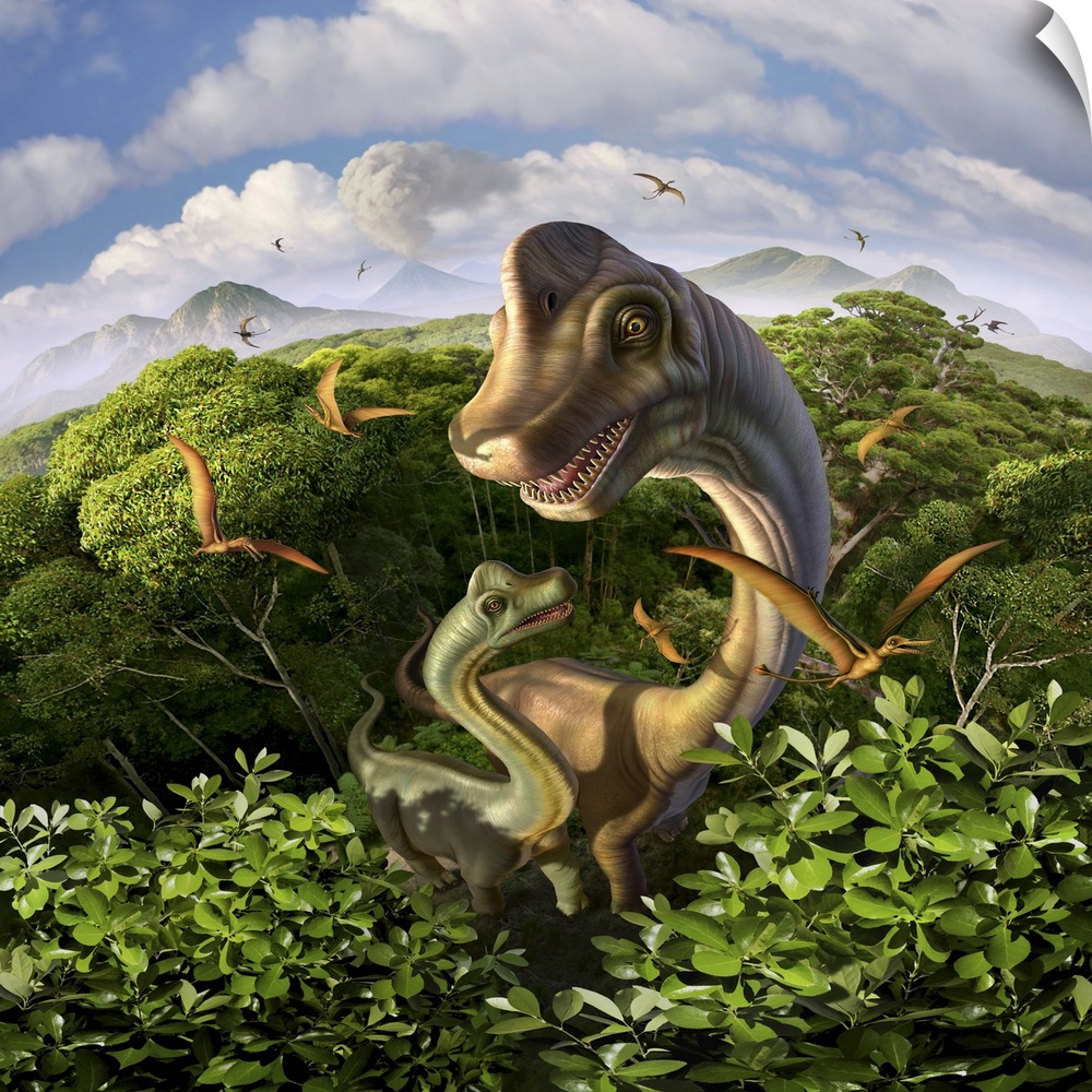 A Brachiosaurus with young above the treetops, surrounded by pterodactyls.