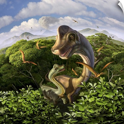A Brachiosaurus with young above the treetops, surrounded by pterodactyls