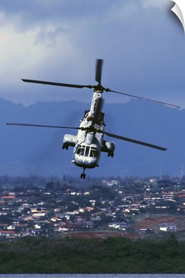 A CH46 Sea Knight helicopter in flight
