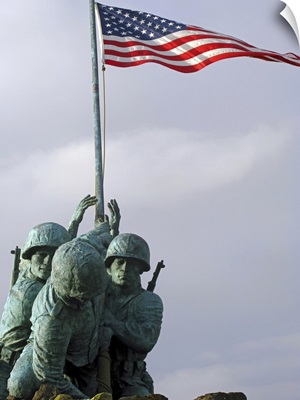 A close up of the Iwo Jima bronze statue showing detail of the sculpture