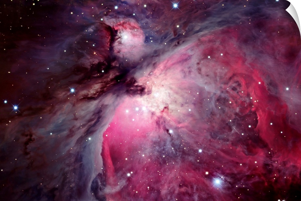 Close shot of the Orion Nebula in outer space. Many shining stars visible.