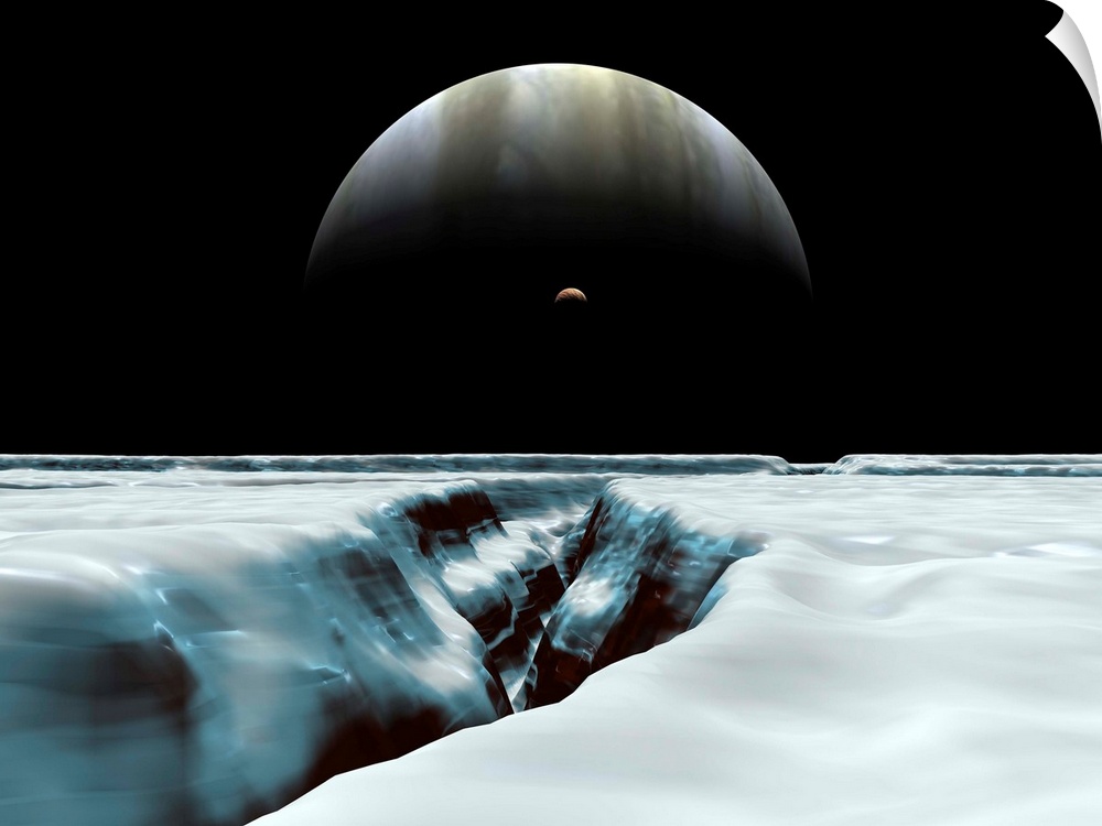 A crescent Jupiter hovers near the horizon along with Jupiter's volcanic satellite Io. In the foreground a meandering crev...