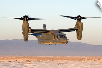 A CV-22 Osprey flies in helicopter mode