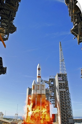 A Delta IV Heavy Launch Vehicle launches from Vandenberg Air Force Base