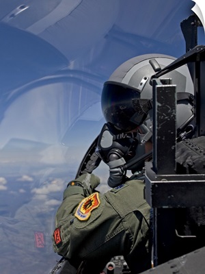 A F-15 pilot looks over at his wingman while in flight