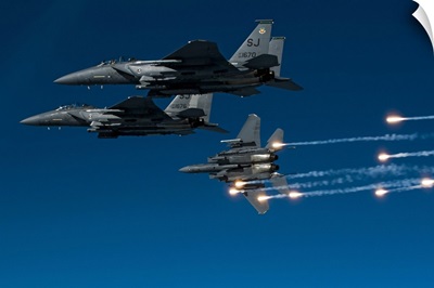 A F 15E Strike Eagle aircraft releases flares