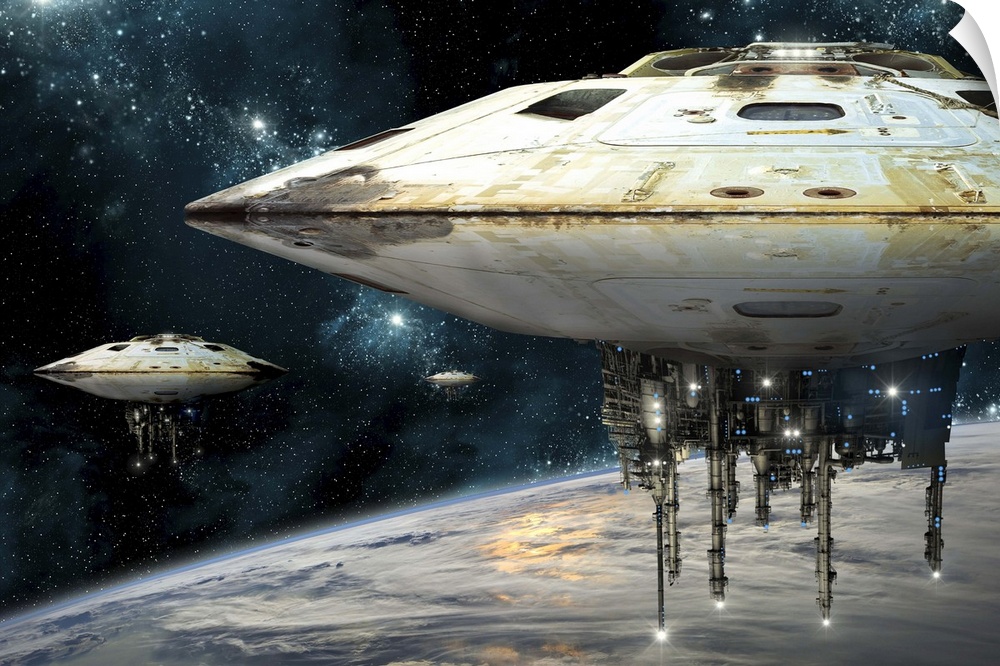 A fleet of massive spaceships take position over Earth for a coming invasion.