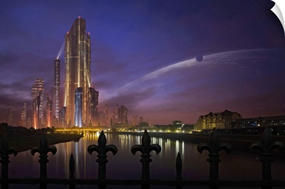 A futuristic city on an extraterrestrial planet in the morning