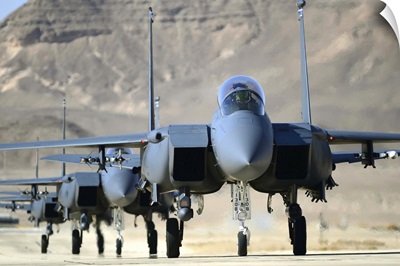 A group of F-15E Strike Eagles at Uvda Air Force Base, Israel