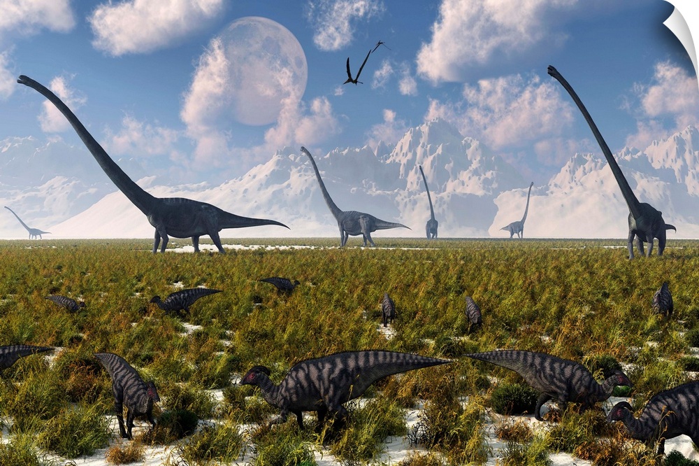 A mixture of sauropod and hadrosaur dinosaur herds grazing together.