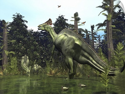 A Lambeosaurus rears onto its hind legs in response to a threat