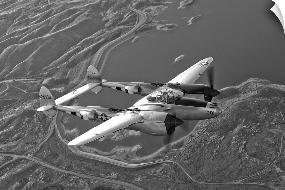 A Lockheed P-38 Lightning fighter aircraft in flight near Chino, California.