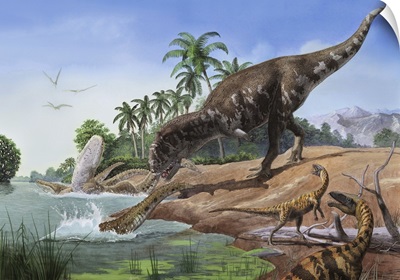 A Majungasaurus grabs the tail of a crocodilian Mahajangasuchu