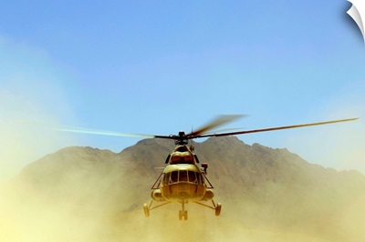 A Mi17 Hip helicopter hovers over a firing range in Afghanistan